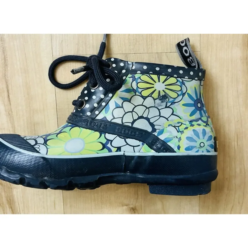 Bogs Charlot Rubber Boot Kids Size 1 Navy Floral. Green flowers. Rain GUC